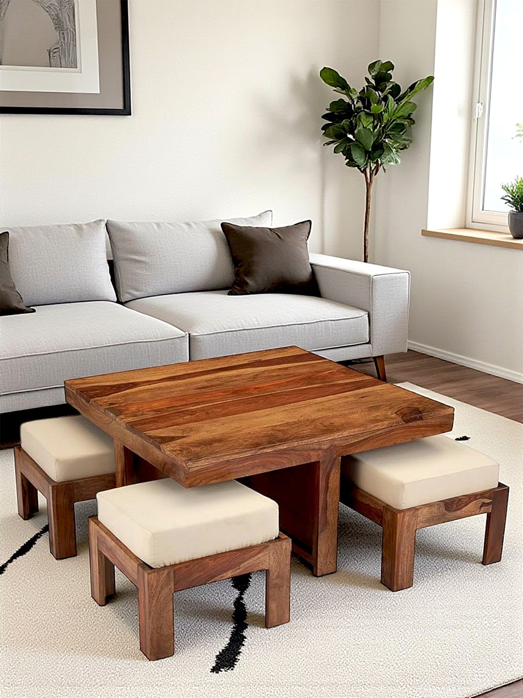 Ikiriya Ikiriya Sheesham Wood Accent Coffee Table Set In Natural Teak Finish