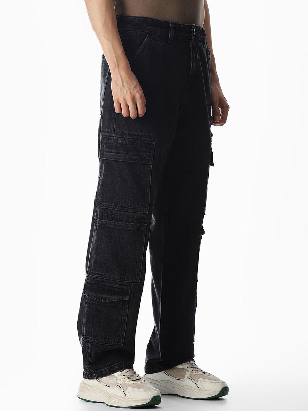 Cotton Denim High-Rise Cargo Jeans