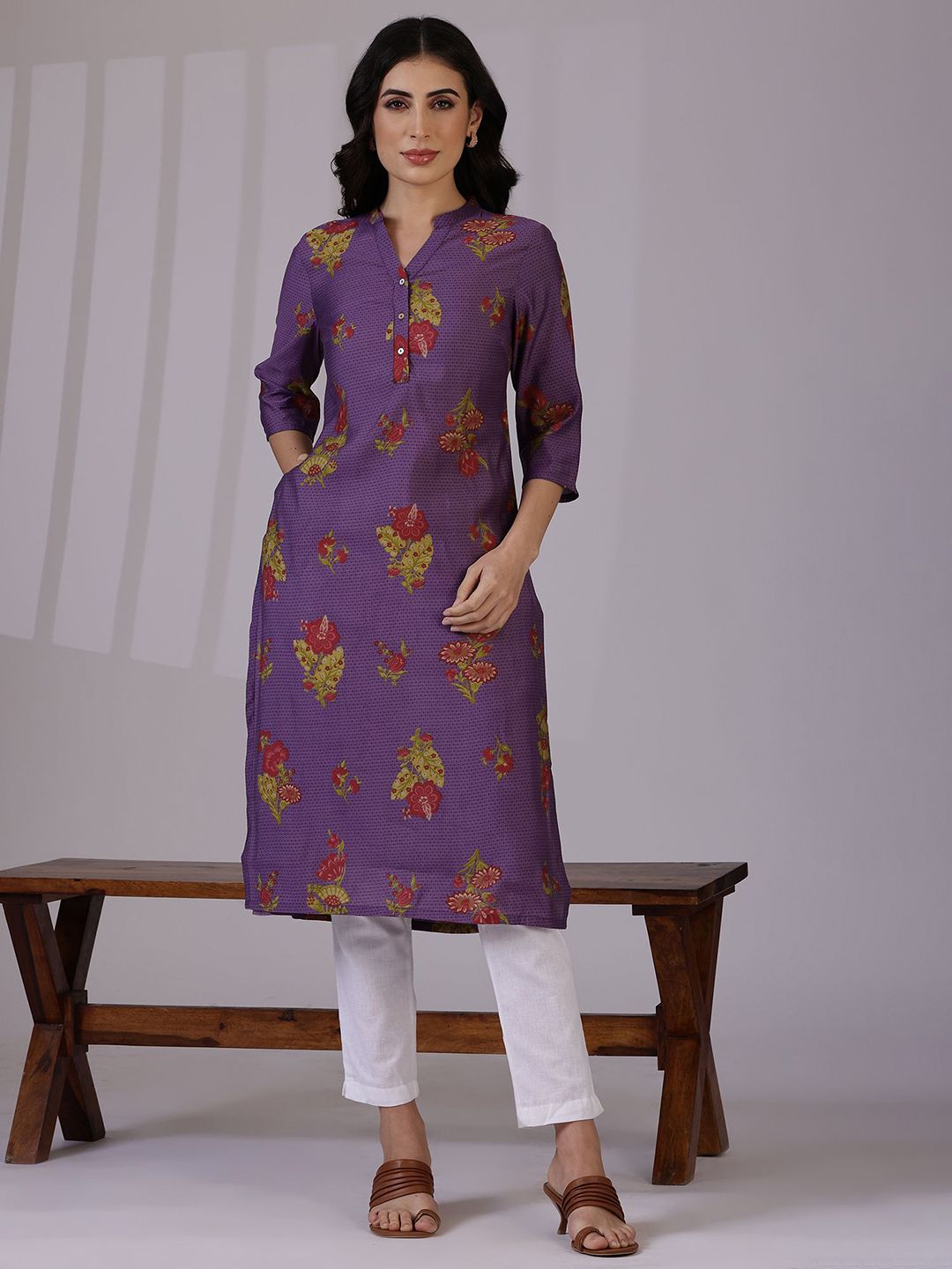 W W Purple Floral Printed Mandarin Collar Three-Quarter Sleeves Straight Kurta