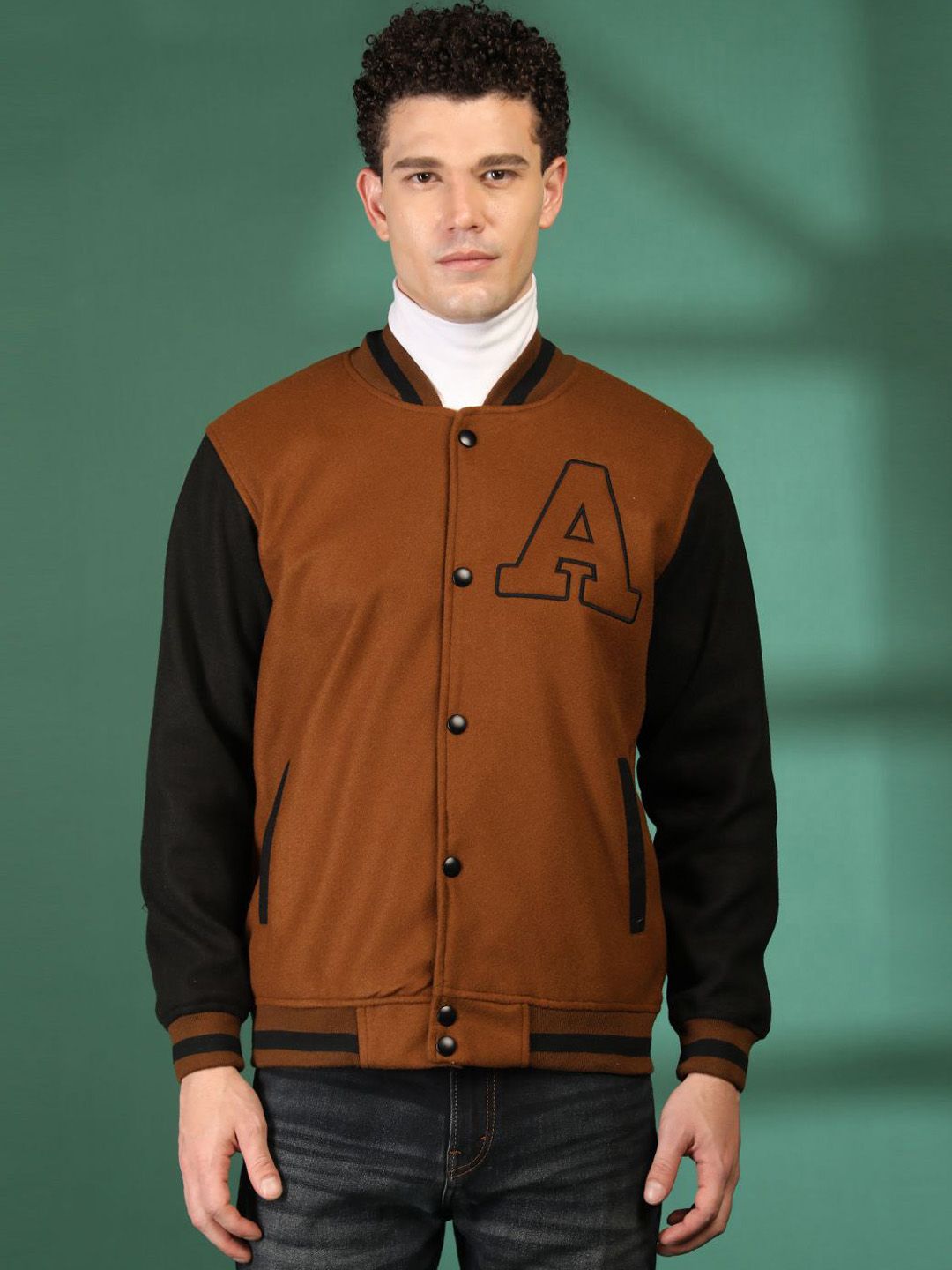 Mast & Harbour Men Mock Collar Typography Printed Lightweight Varsity Jacket