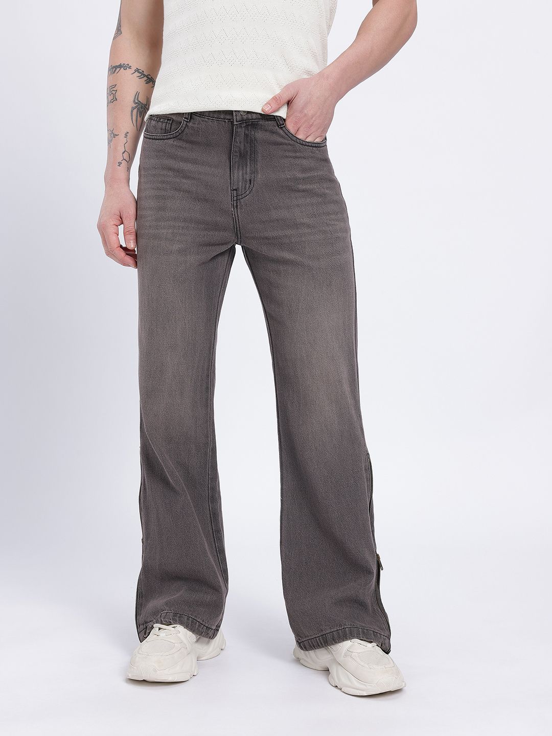 Buy Glitchez Men Medium Shade Flared Jeans with Zipper Hem - Jeans