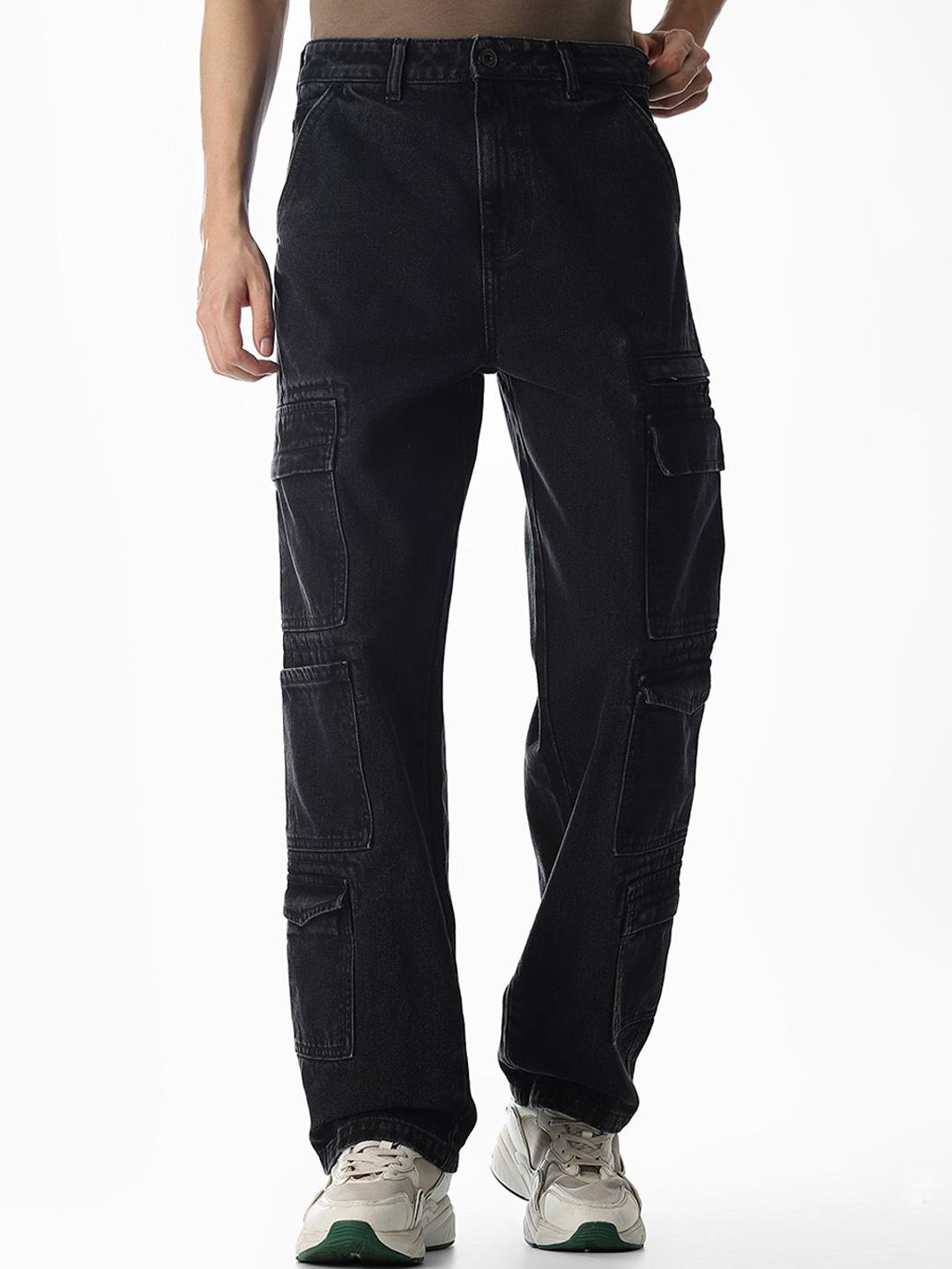 Cotton Denim High-Rise Cargo Jeans