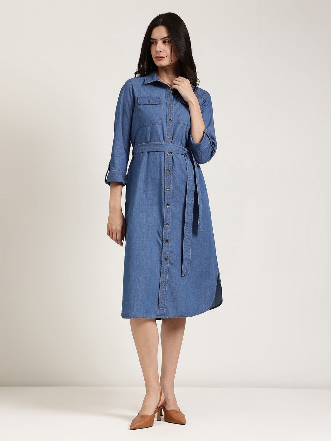 Buy COSMIC TRIO Floral Embroidered Denim Shirt Midi Dress