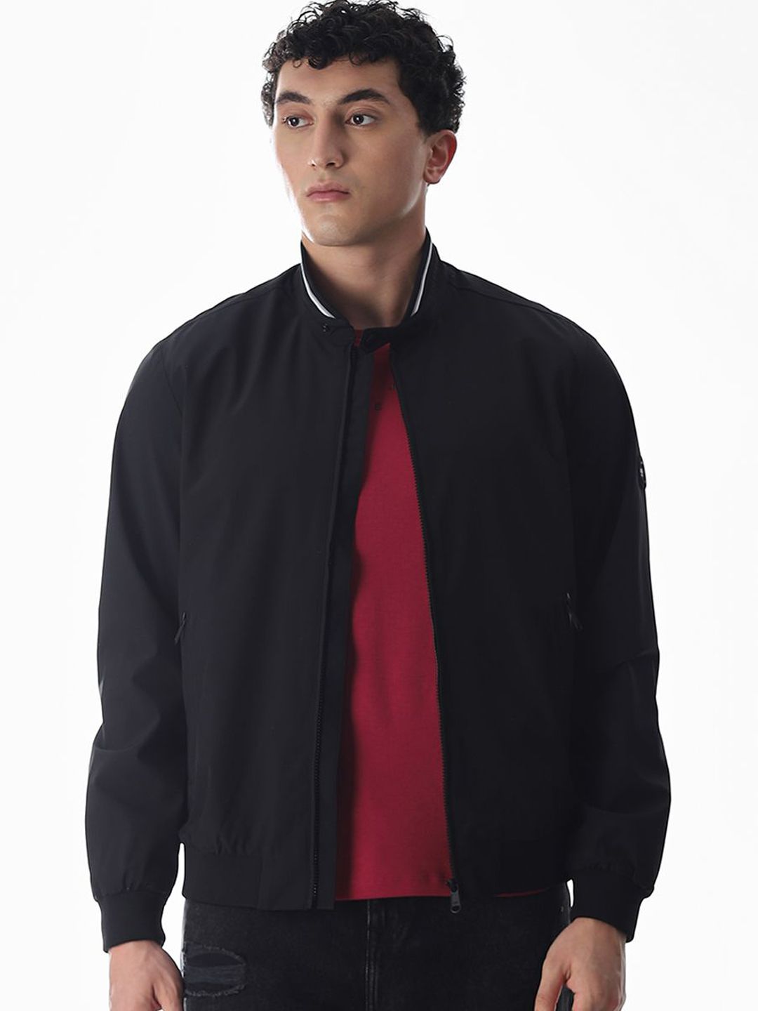 Jack & Jones Men Mandarin Collar Solid Bomber Jacket