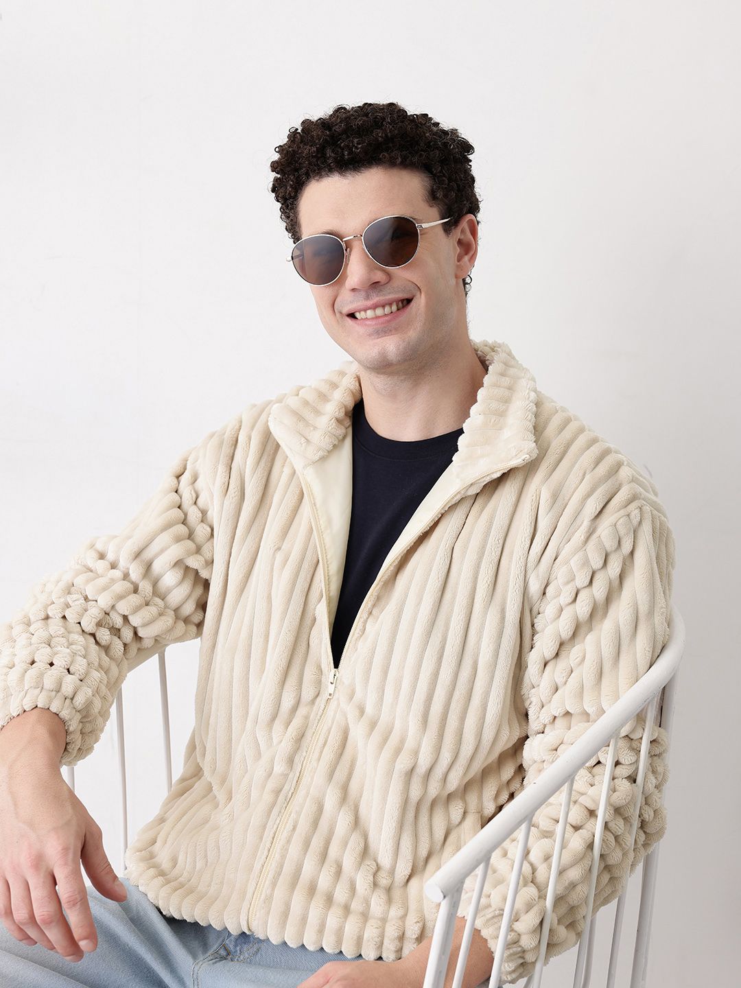 Mast & Harbour Velvet Self Striped Bomber Jacket