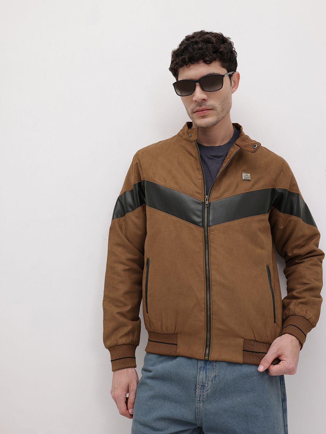 The Roadster Life Co. Suede Finish Colourblocked Bomber Jacket