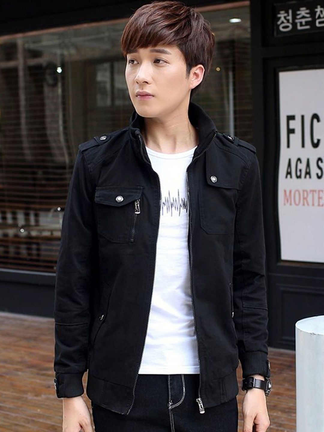HERE&NOW Men Black Casual Long Sleeves Stand Collar Cotton Solid Tailored Jacket