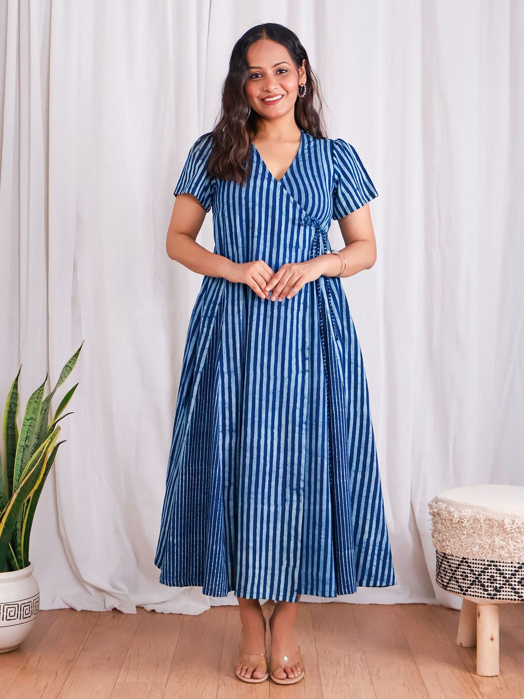 Buy Sivaka India Women Striped V-Neck Pure Cotton Wrap Maxi Dress