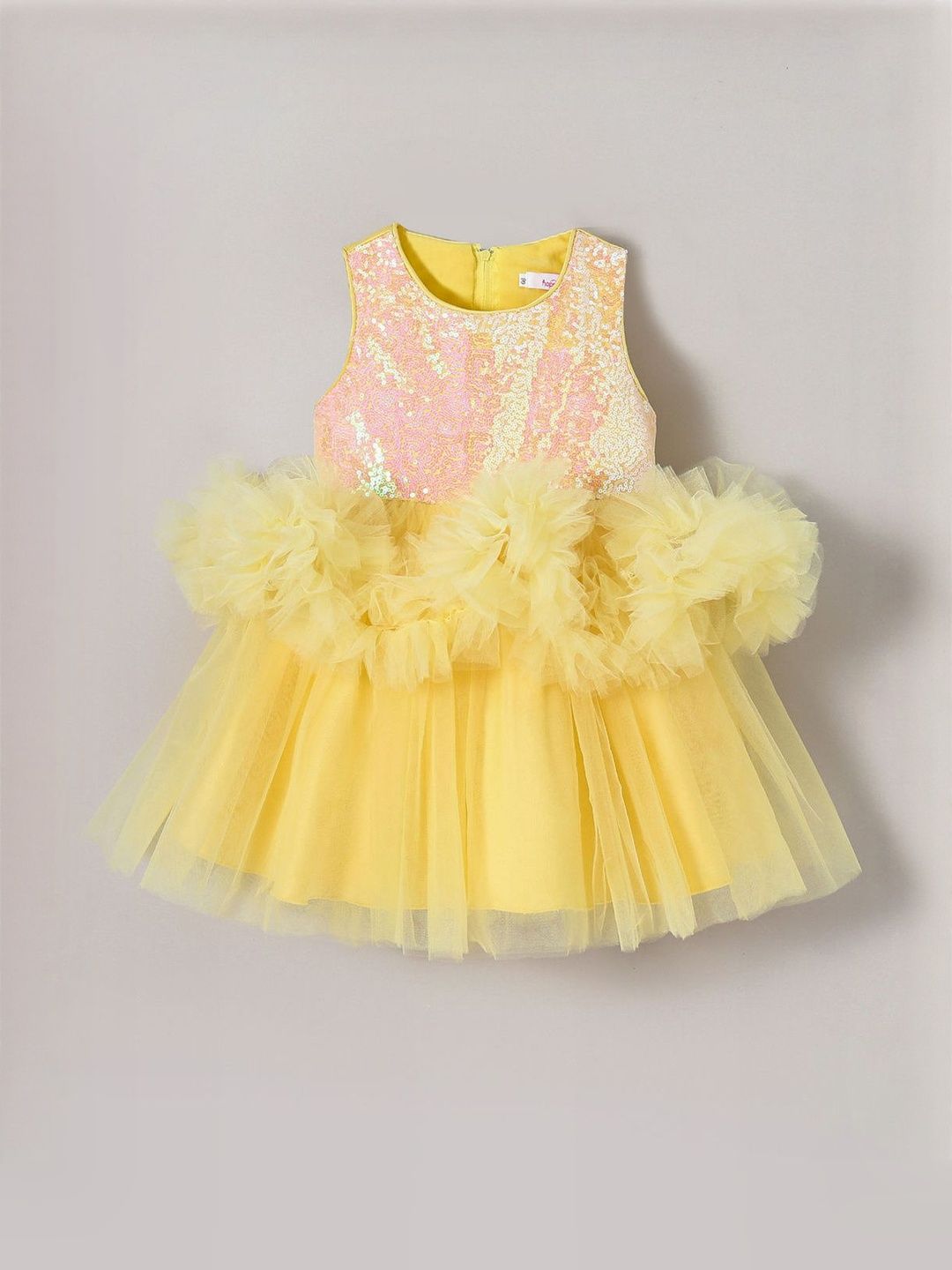 Hopscotch Self Design Embellished Round Neck Ruffle Fit & Flare Dress