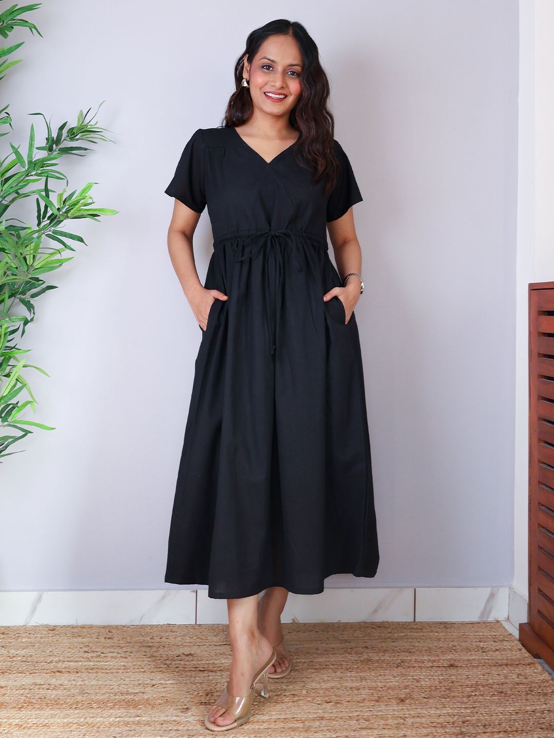Buy Sivaka India Women V-Neck Cotton Fit and Flare Midi Dress