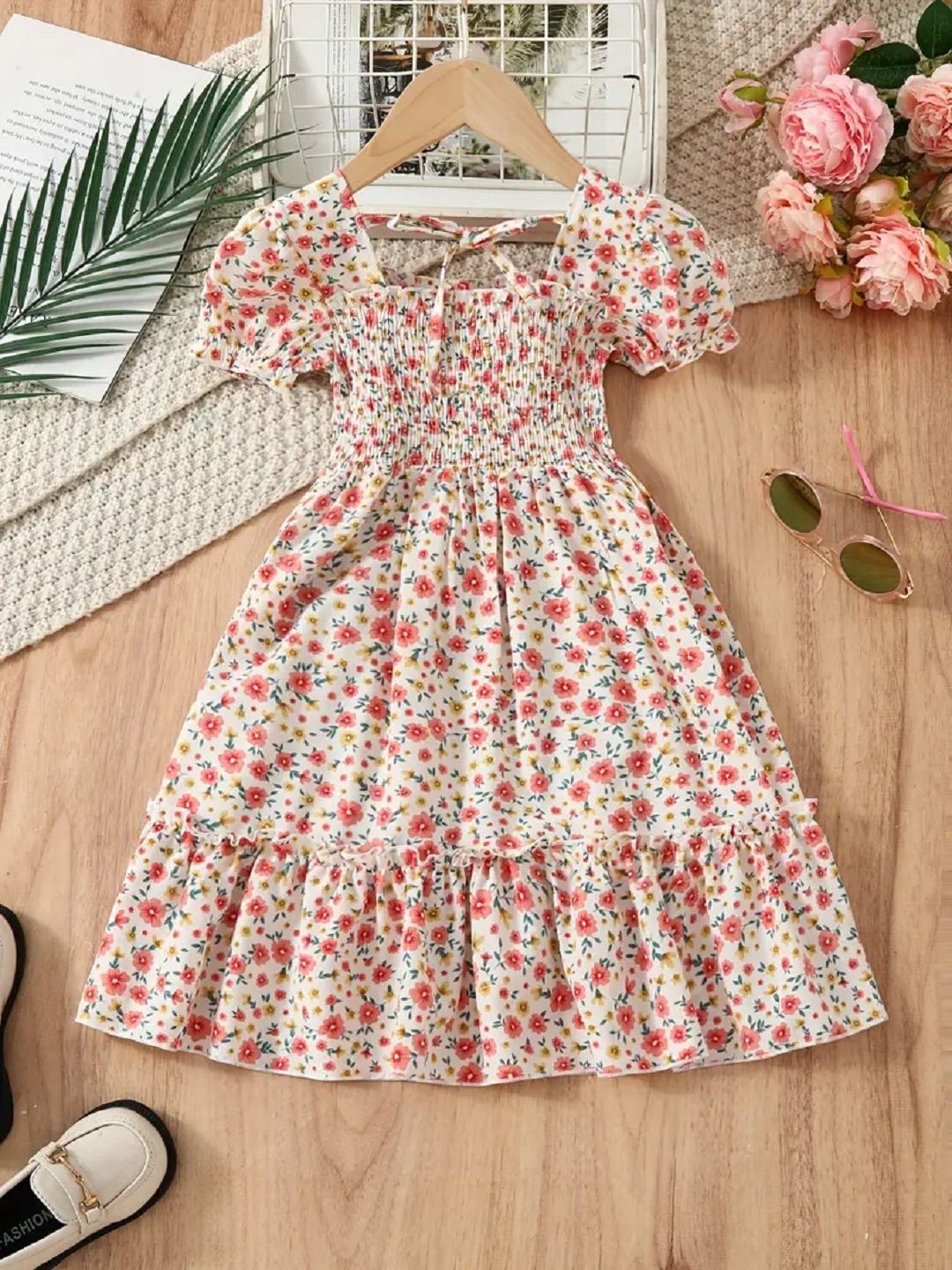 Buy BAESD Girls Floral Printed Puff Sleeve Smocked Fit & Flare