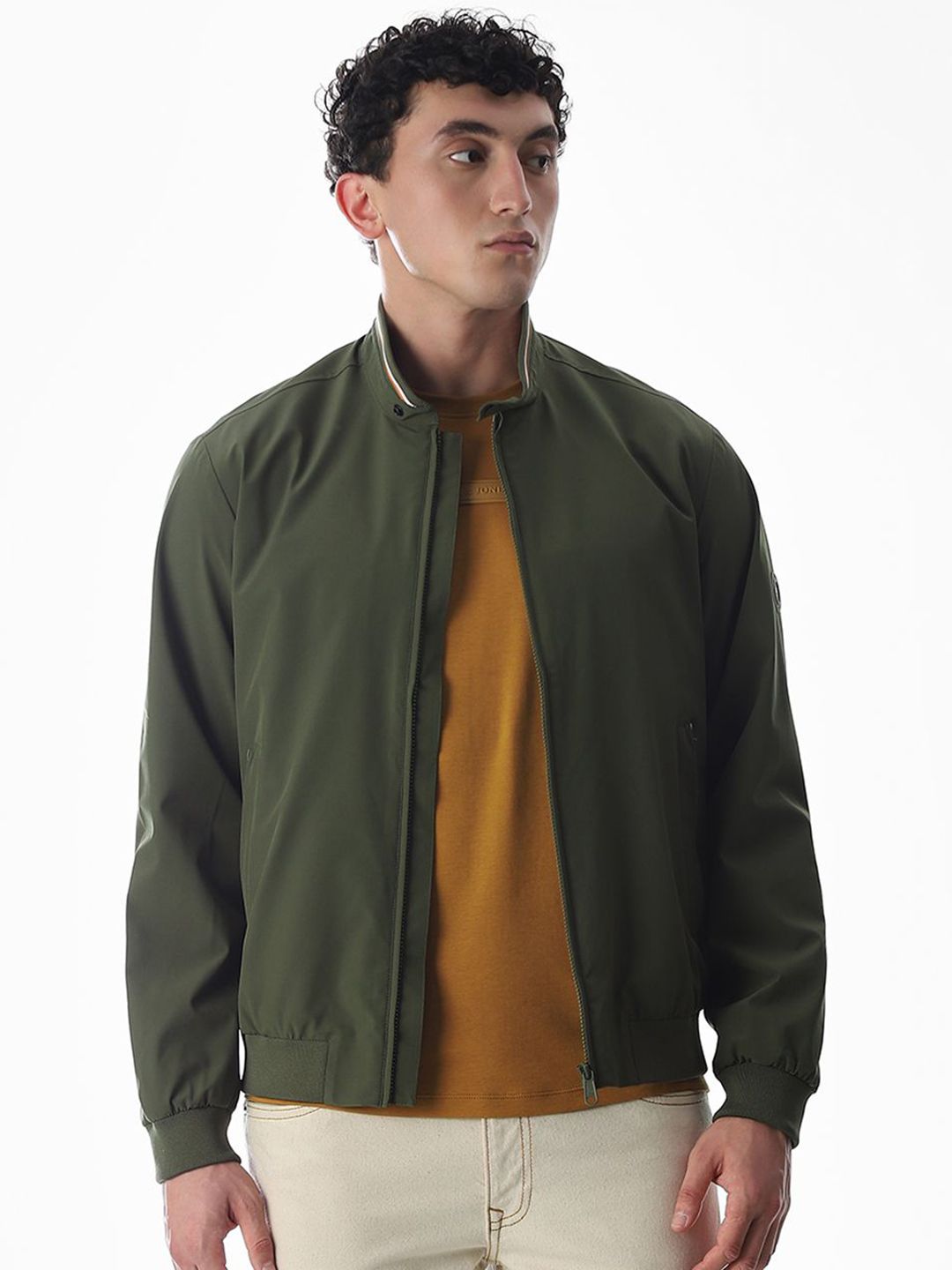 Jack & Jones Men Mandarin Collar Solid Bomber Jacket