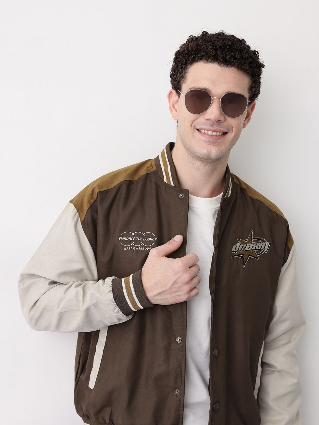 Mast & Harbour Men Typography Bomber with Embroidered Jacket