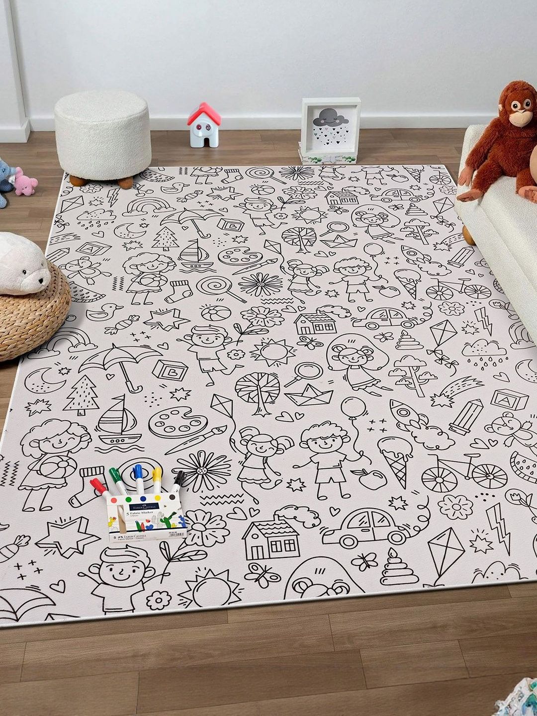 Kaleen India Kaleen India Black & White Doodle Coloring Anti-Skid Rugs with Fabric Markers