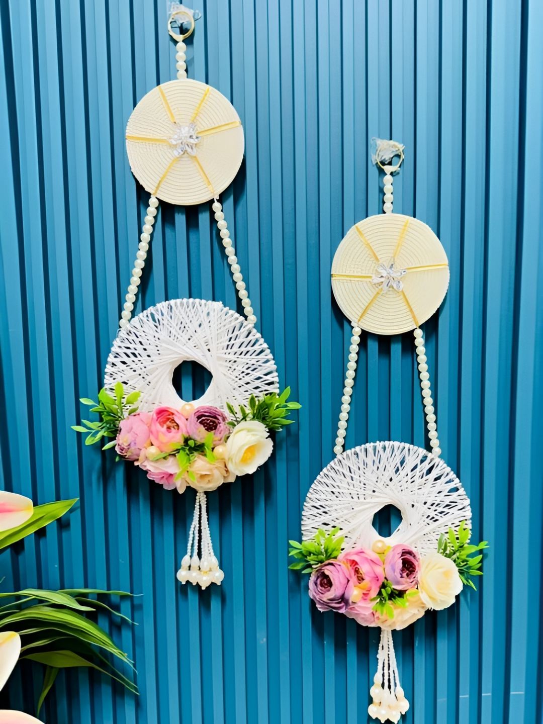 Sellplus 2Pcs White & Pink Textured Macrame Ring With Moti Ring Hanging Torans