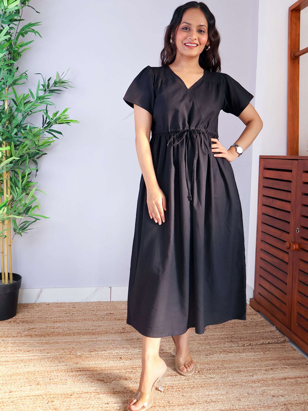 Buy Sivaka India Women V-Neck Cotton Fit and Flare Midi Dress