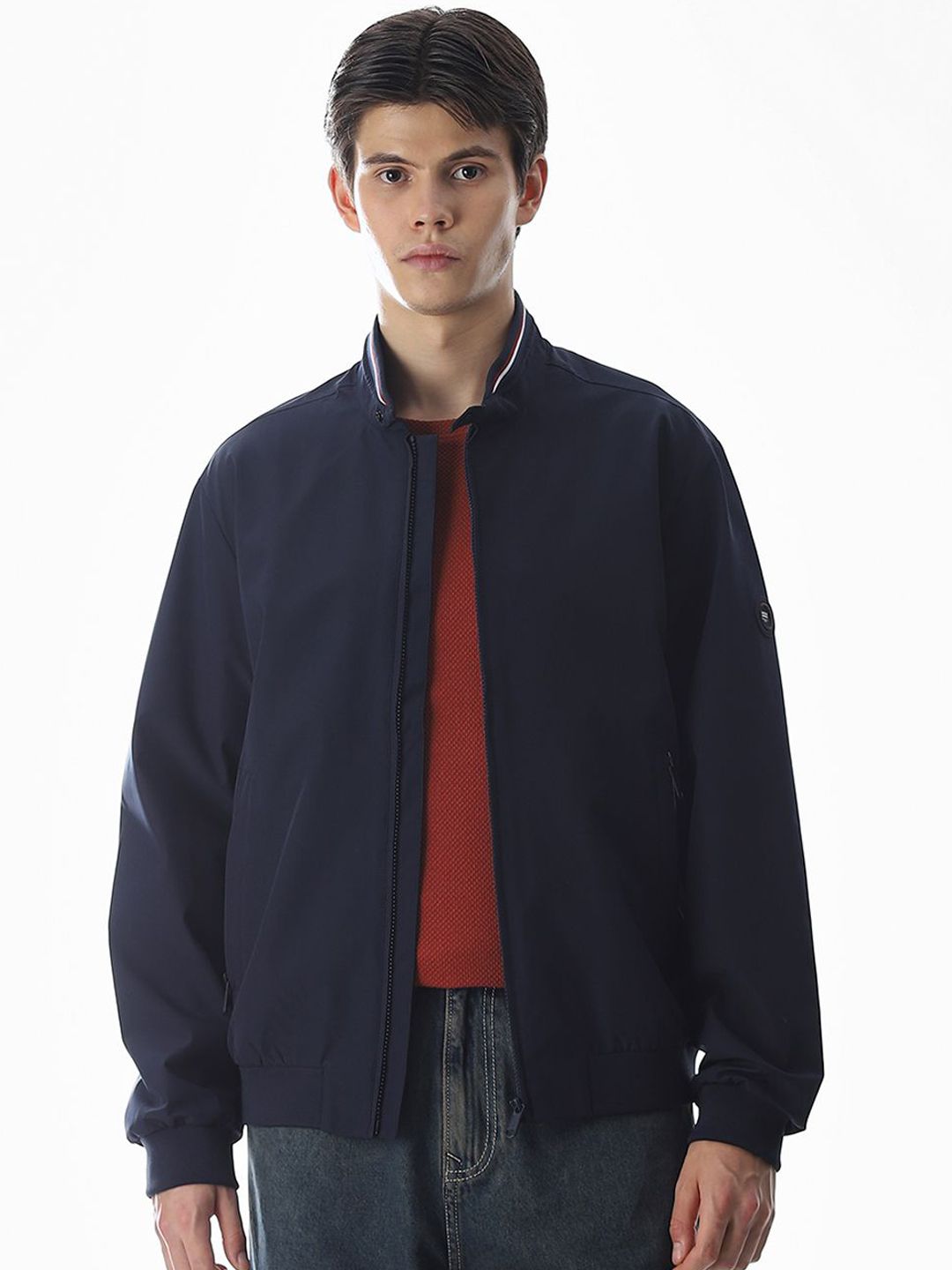 Jack & Jones Men Mandarin Collar Solid Bomber Jacket