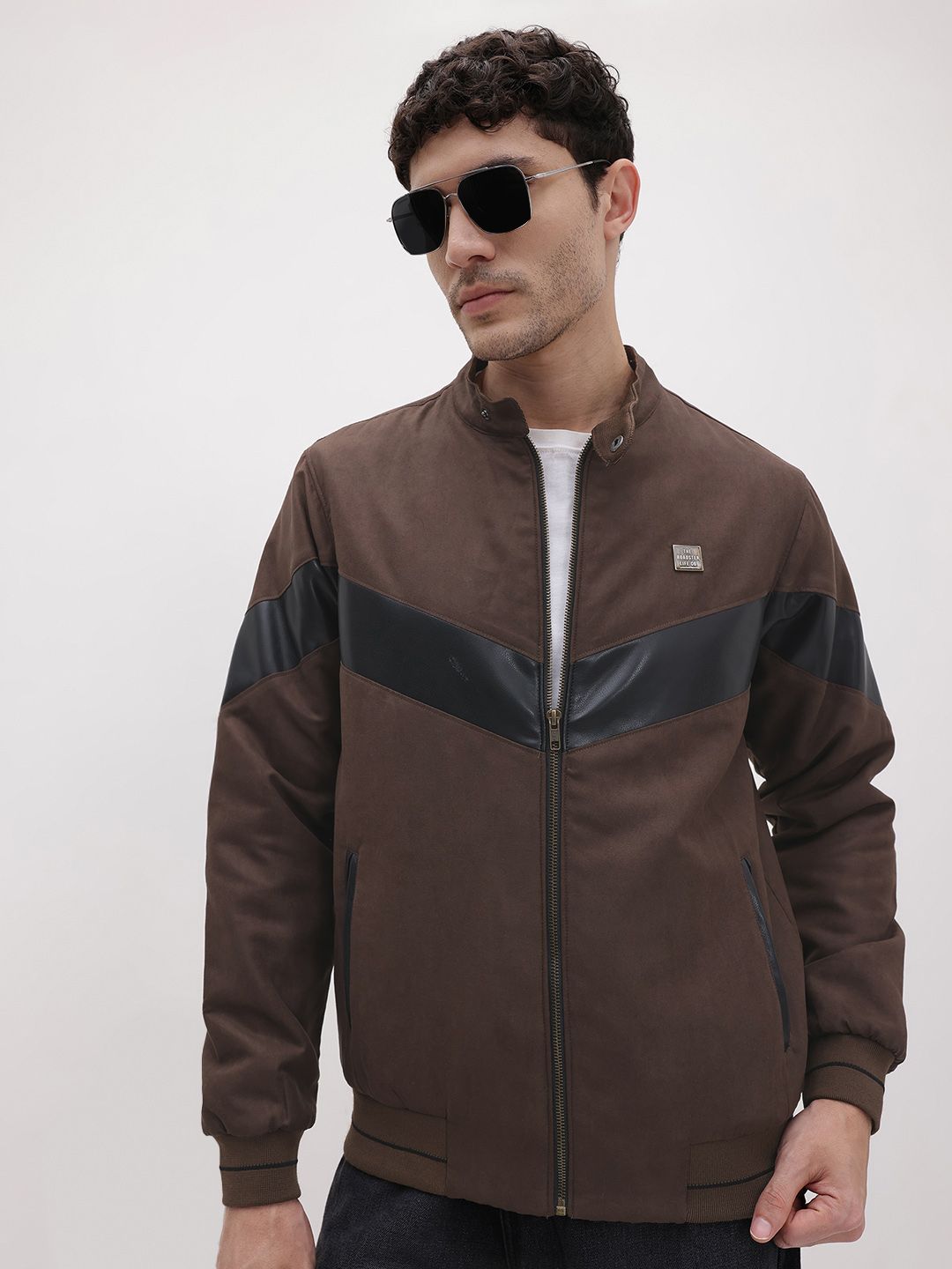 The Roadster Life Co. Mock Collar Colorblocked Suede Finish Bomber Jacket