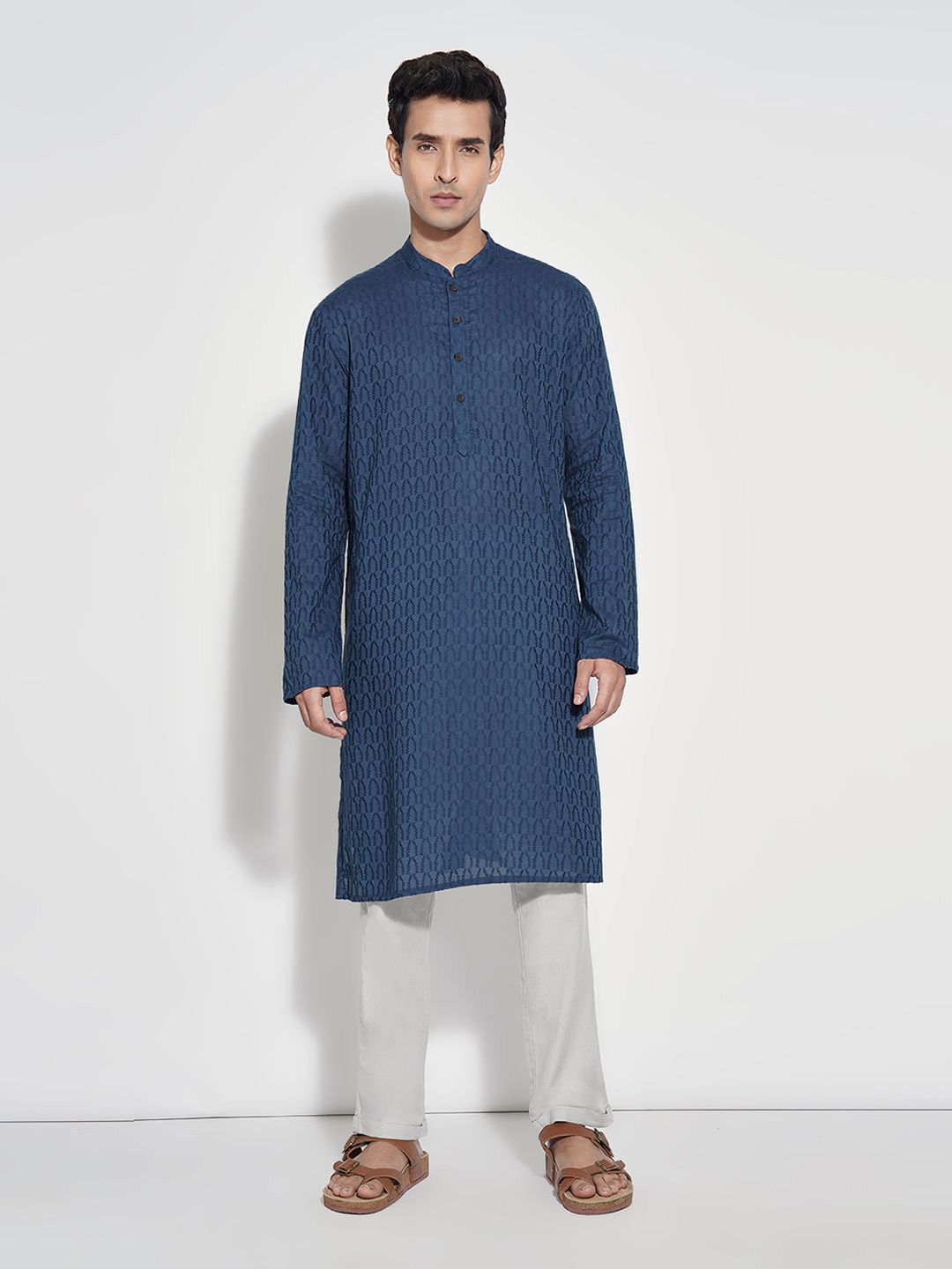 indus route by Pantaloons Men Woven Design Band Collar Cotton Kurta