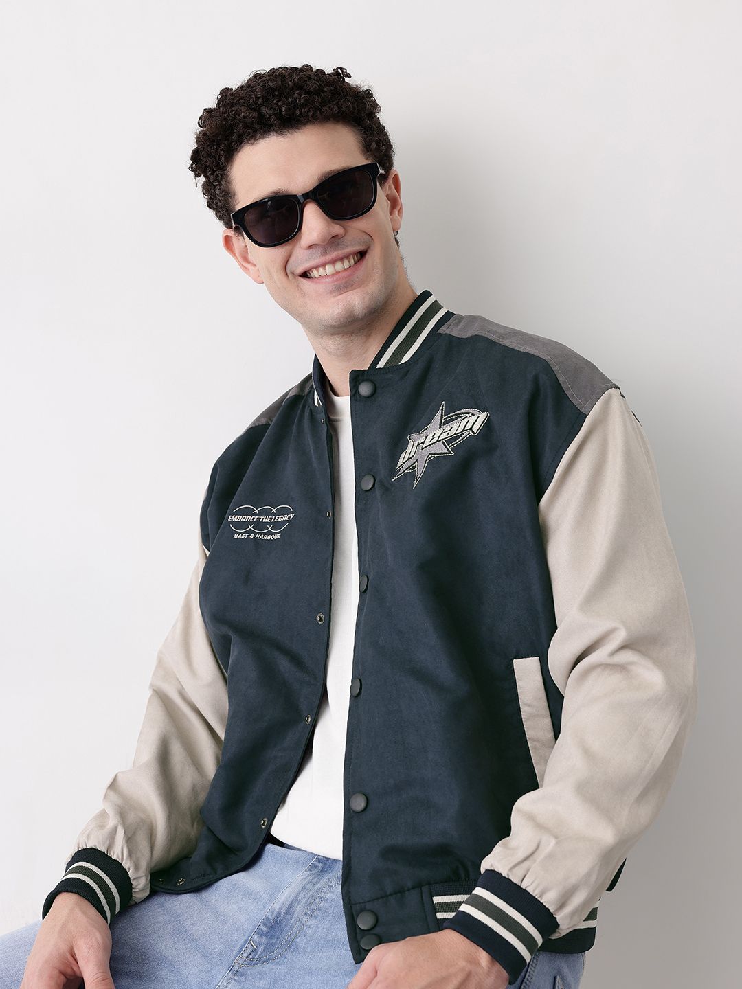 Mast & Harbour Suede Finish Varsity Jacket with Applique Detail
