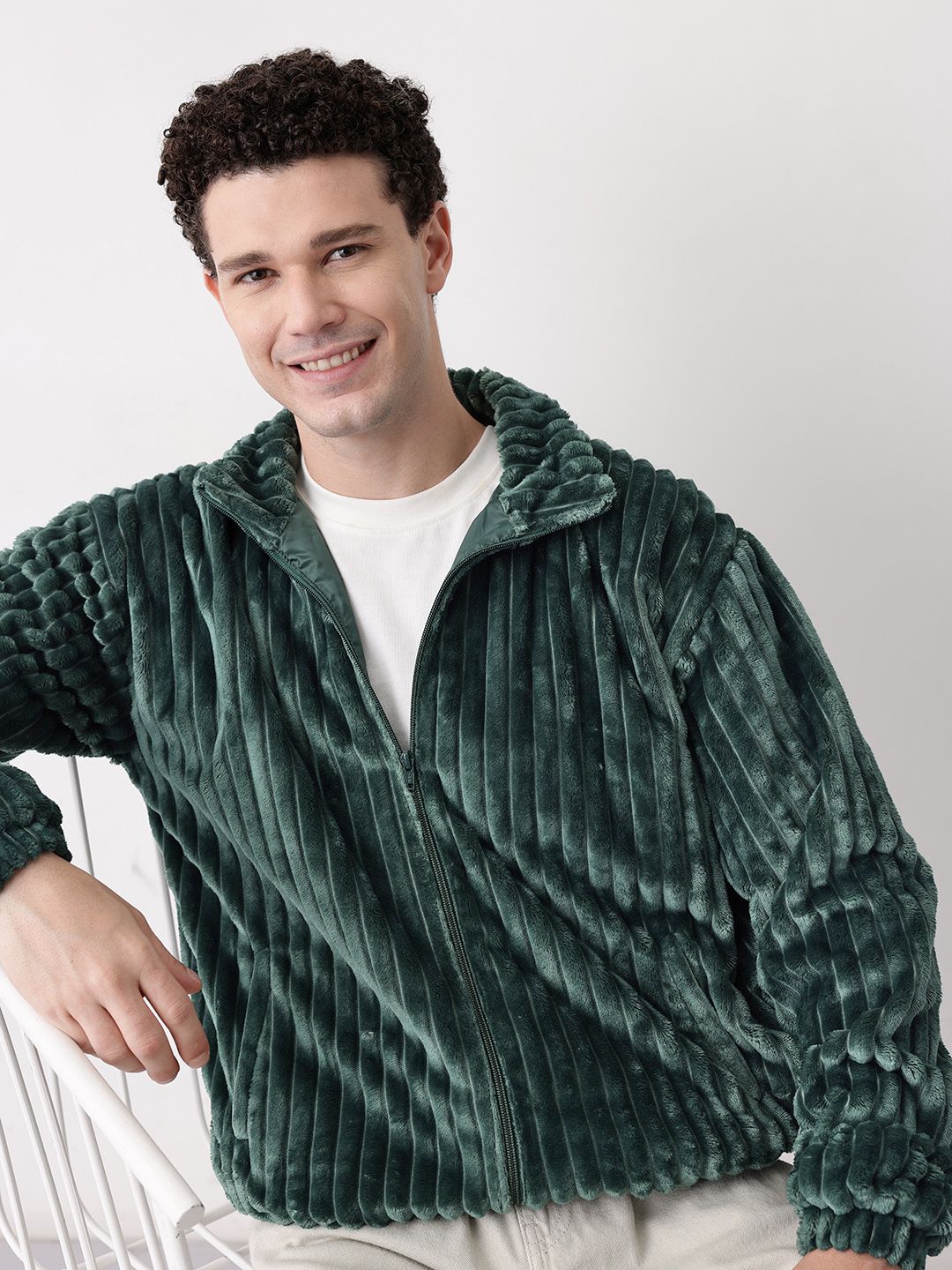 Mast & Harbour Velvet Self Striped Bomber Jacket