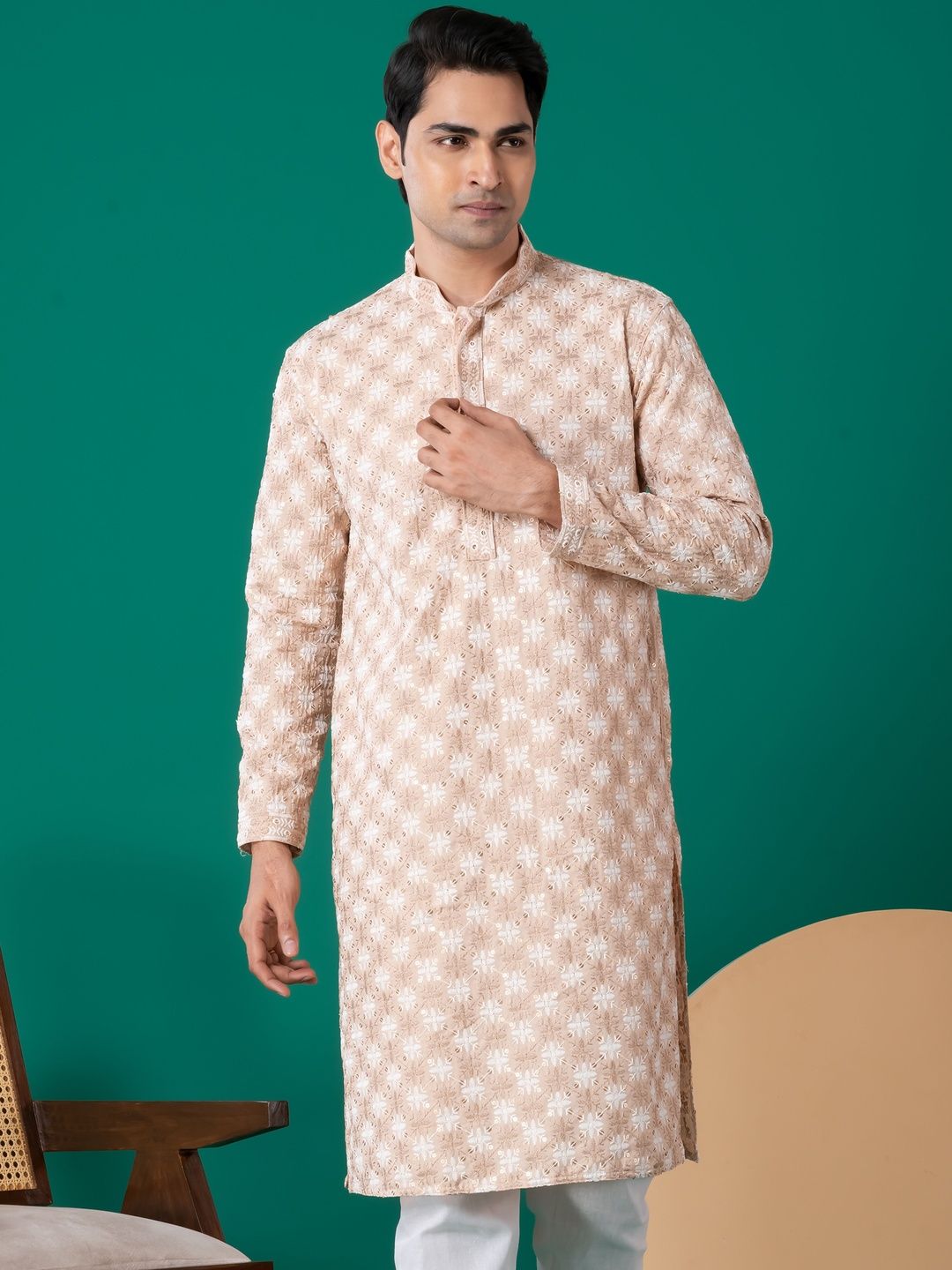 PulseIQ Men Embellished Cotton Straight Kurtas
