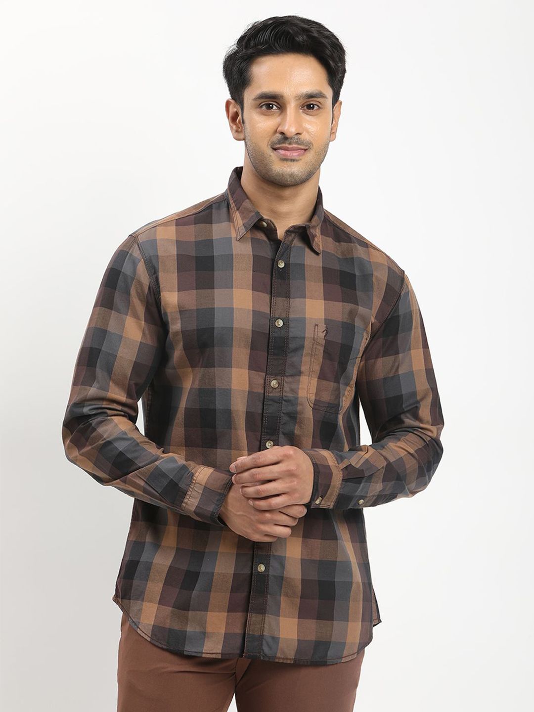 Indian Terrain Indian Terrain Men Classic Slim Fit Checked Spread Collar Cotton Casual Shirt