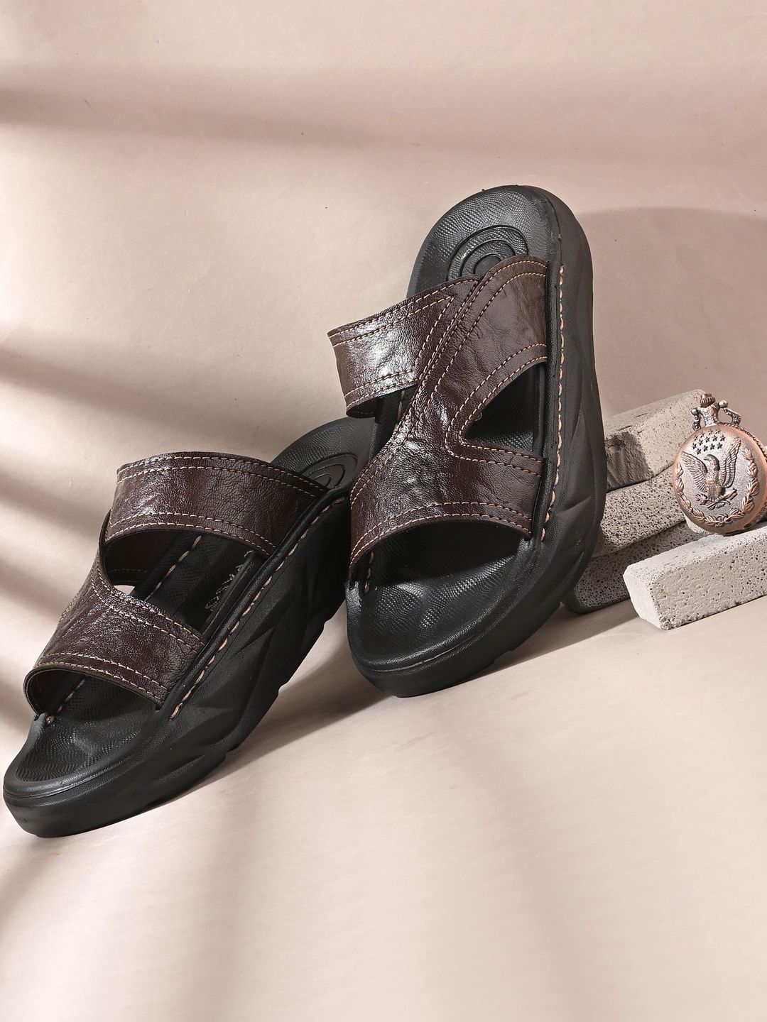 El Paso Men Brown & Black Open Toe Synthetic Slip On Comfort Sandals