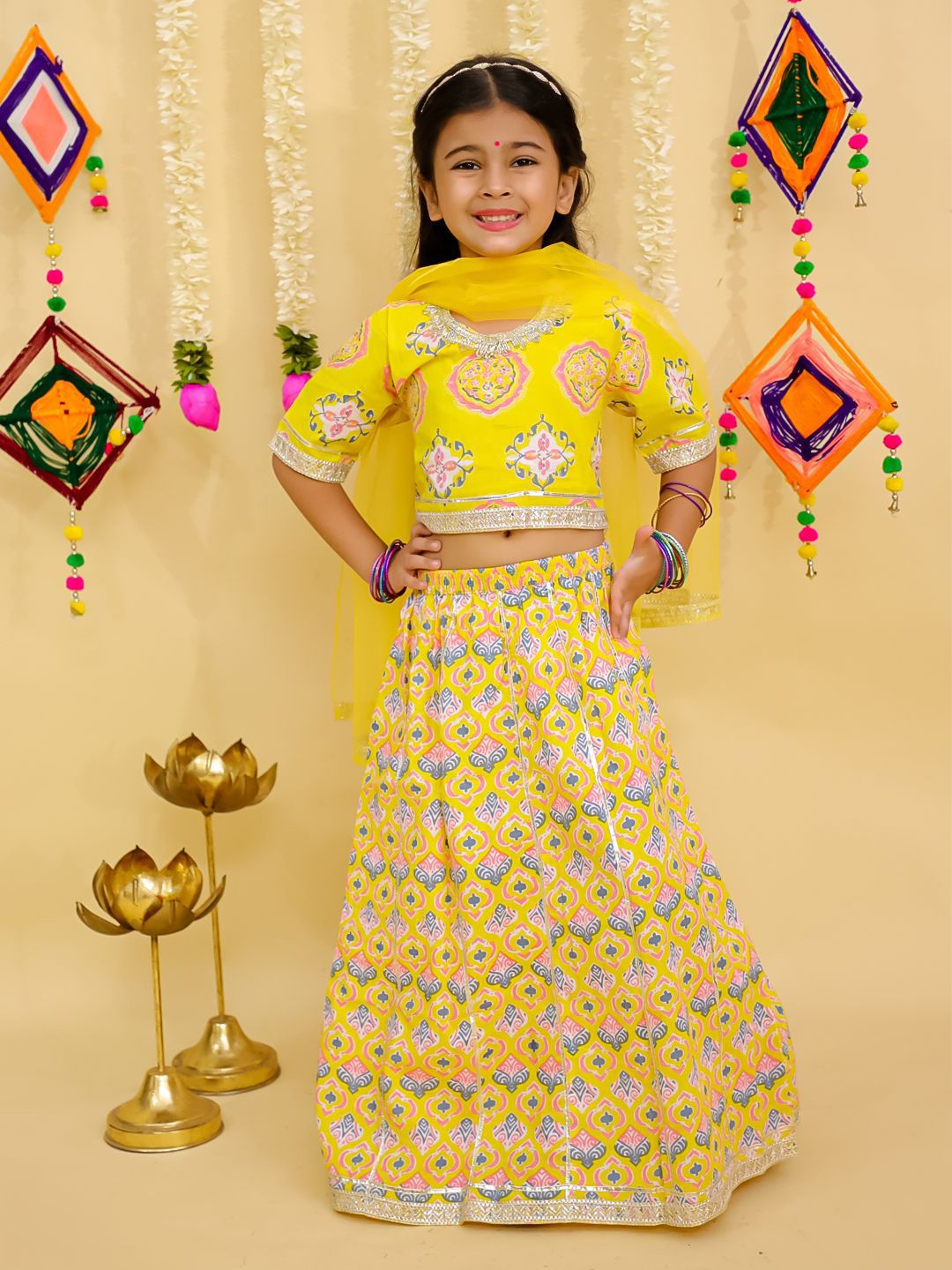 JUNITOS Girls Printed Ready To Wear Cotton Lehenga & Blouse With Dupatta