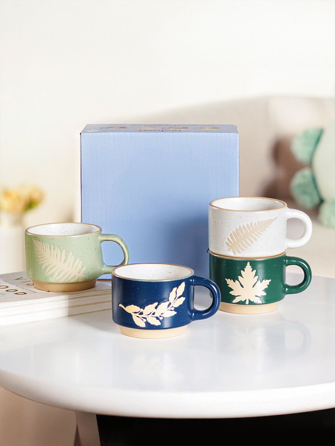 Nestasia Blue & White 4 Pieces Textured Ceramic Glossy Mugs 145ml Each