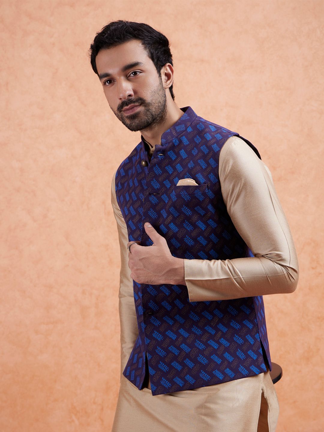 KISAH Men Blue & Beige Printed Woven Nehru Jacket