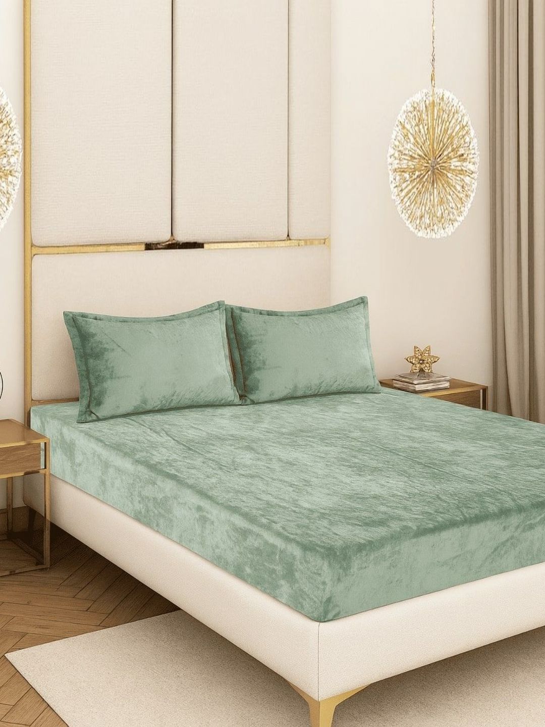 BLUEDOT Light Green Velvet Flannel Warm Fitted King Bedsheet Set