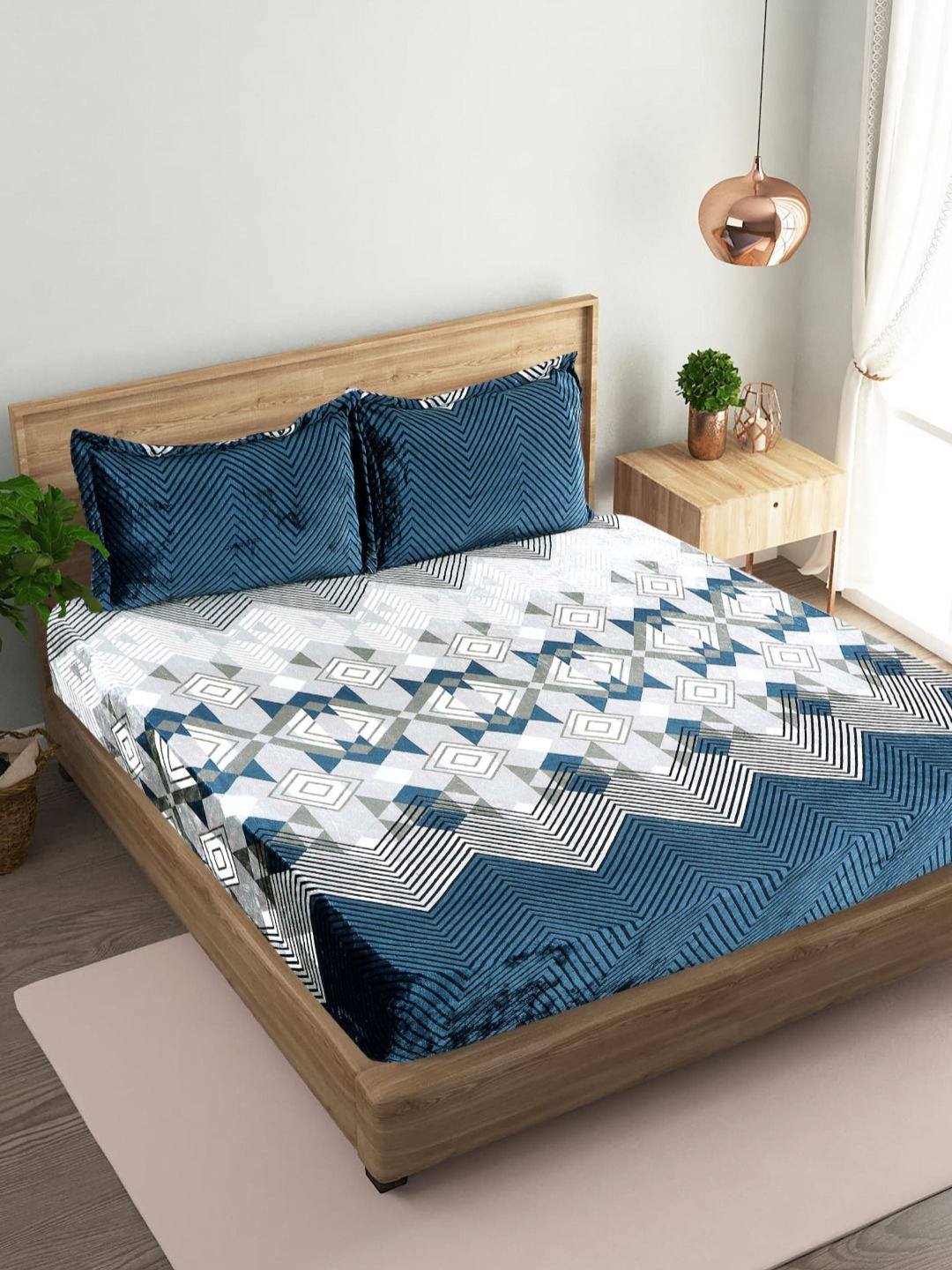BLUEDOT Blue 300 TC Woolen King Size Fitted Double Bedsheet & 2 Pillow Covers