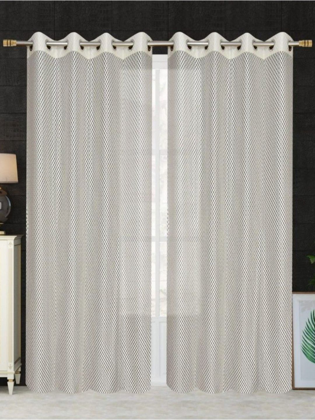 UrbanArts Cream-Coloured Set of 2 Embroidered Sheer Window Curtain