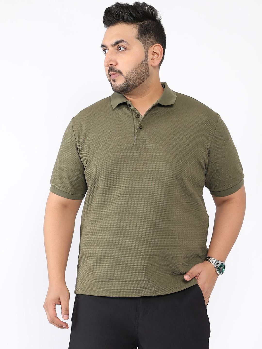 Instafab Plus Self Design Polo Collar Cotton Regular Fit Plus Size T-shirt