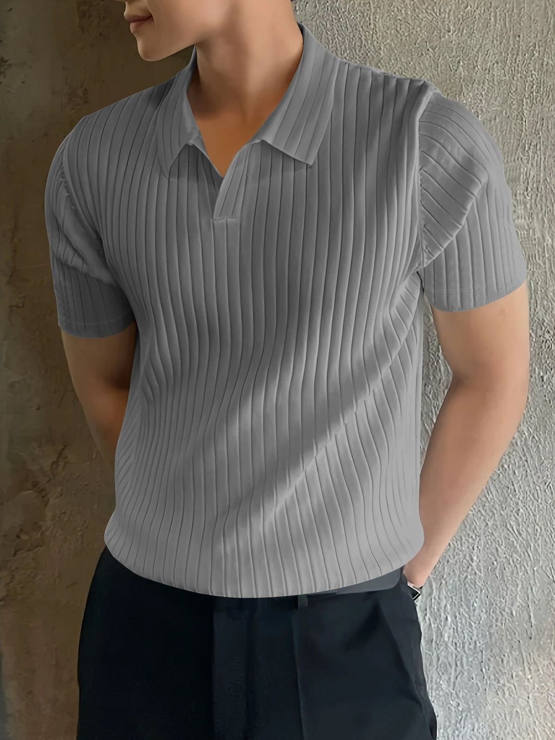 HOODLER Striped Polo Collar Pure Cotton T-shirt