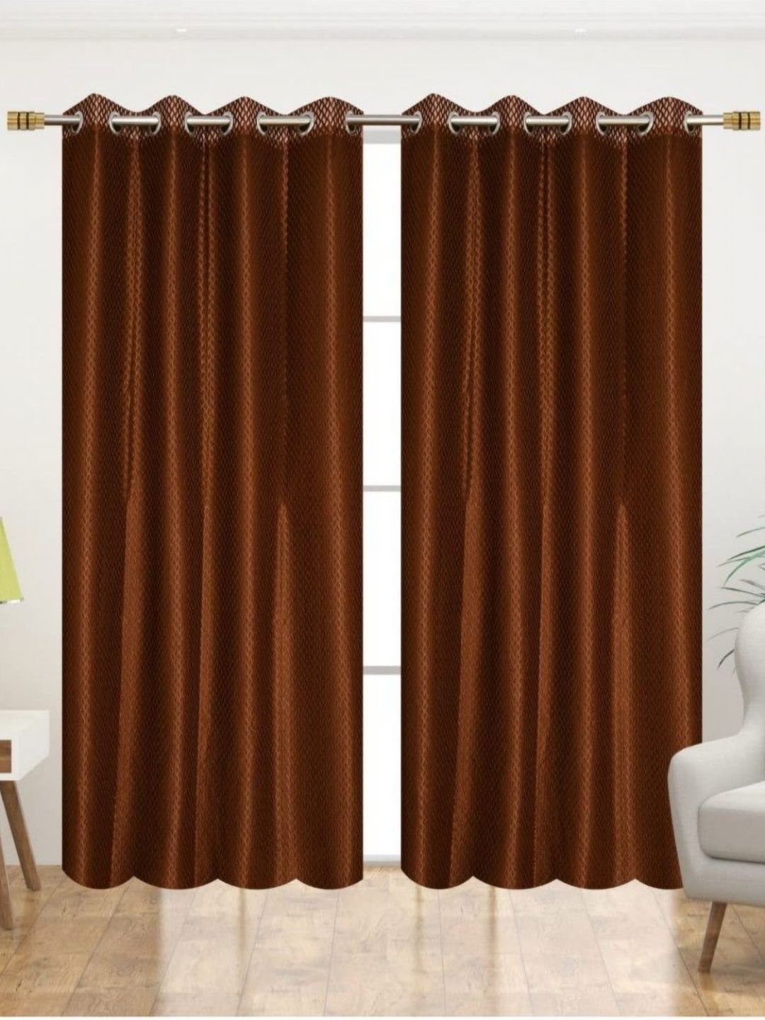 UrbanArts Coffee Brown 2 Pieces Embroidered Sheer Window Curtains