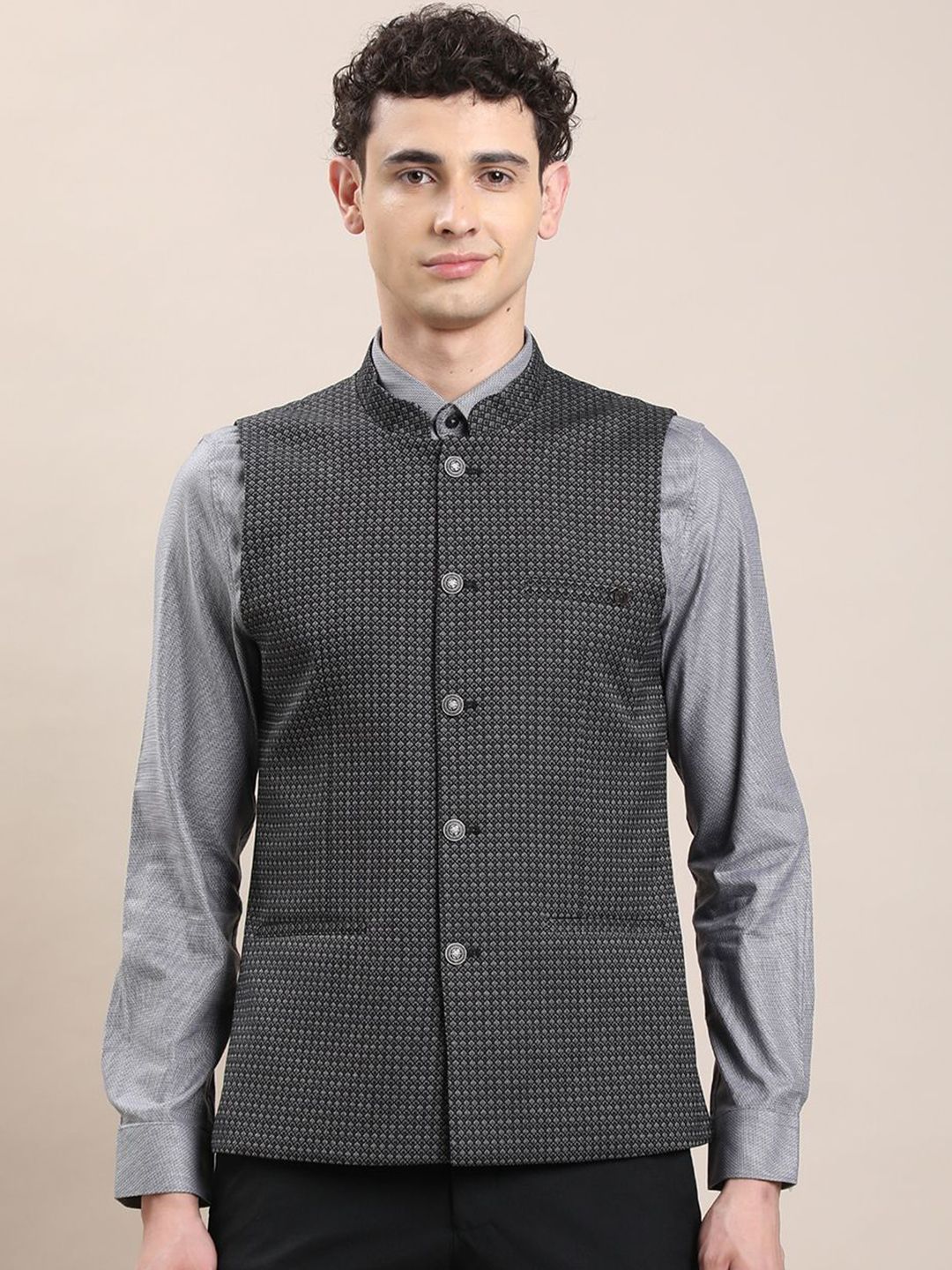 Turtle Woven Design Mandarin Collar Nehru Jacket