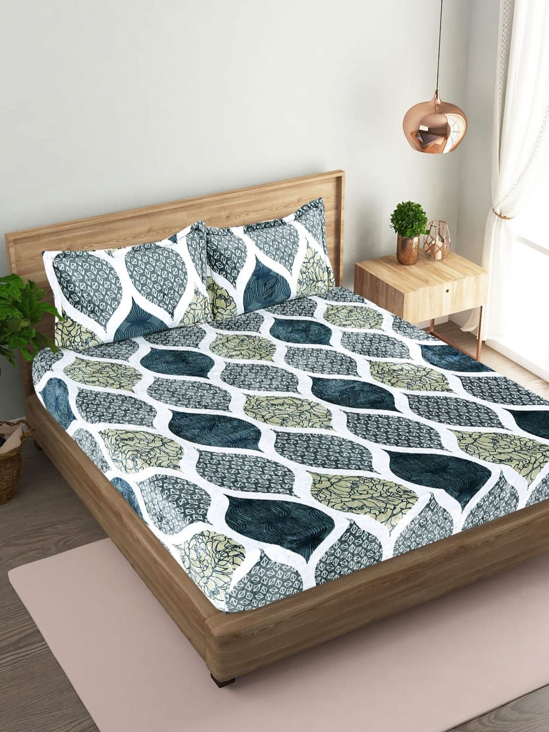 BLUEDOT White & Green 300 TC Woolen King Size Fitted Double Bedsheet & 2 Pillow Covers