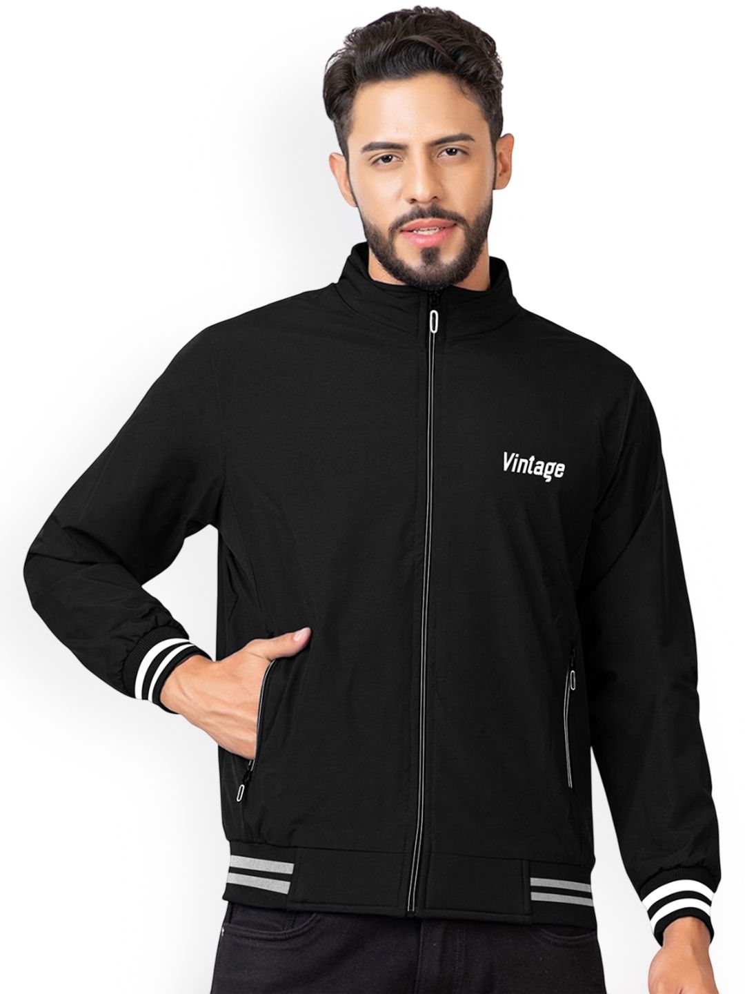 FTX Men Mock Collar Solid Windcheater Bomber Jacket