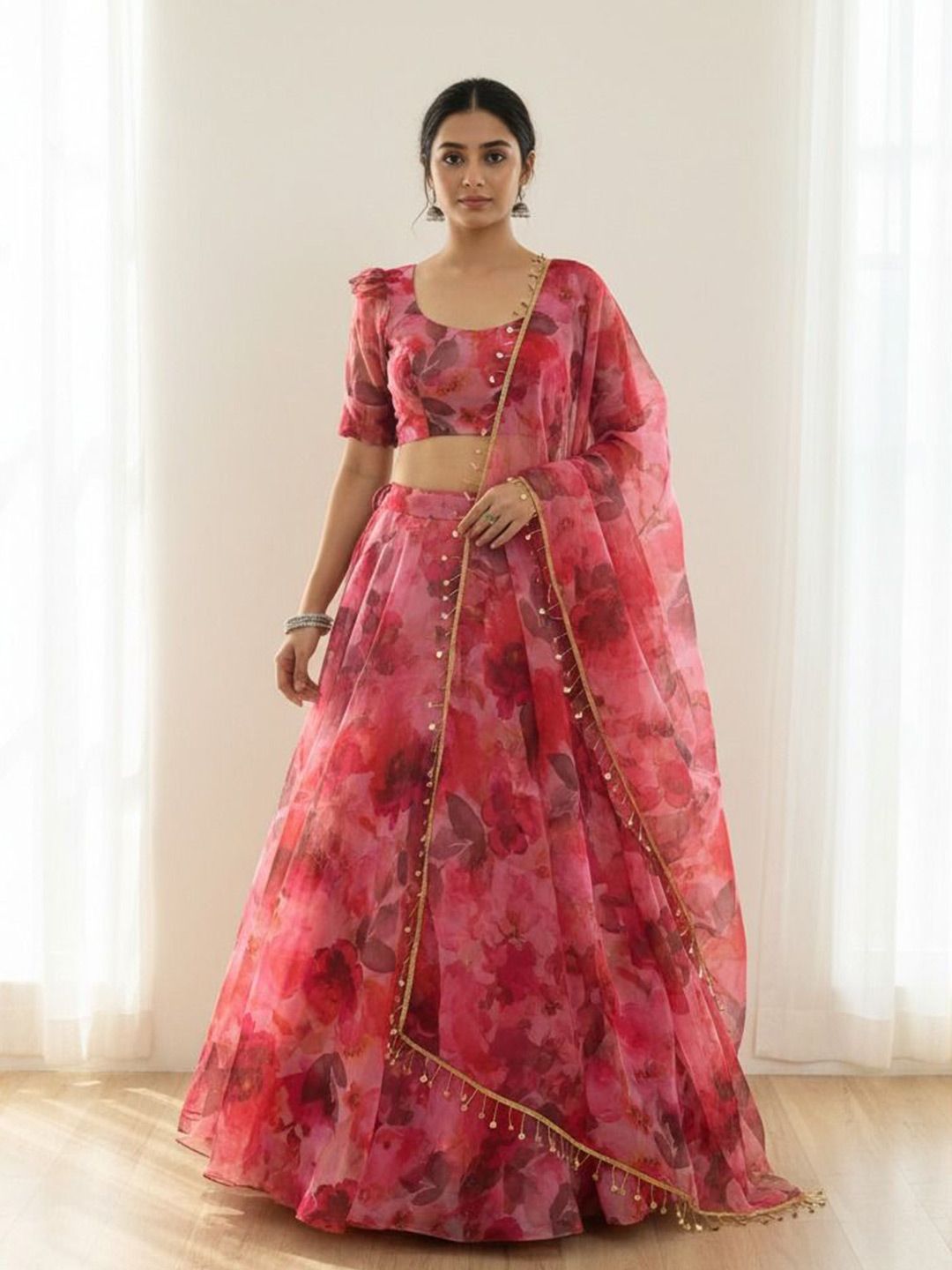 LIPS CROWN Floral Printed Organza Semi-Stitched Lehenga & Blouse With Dupatta