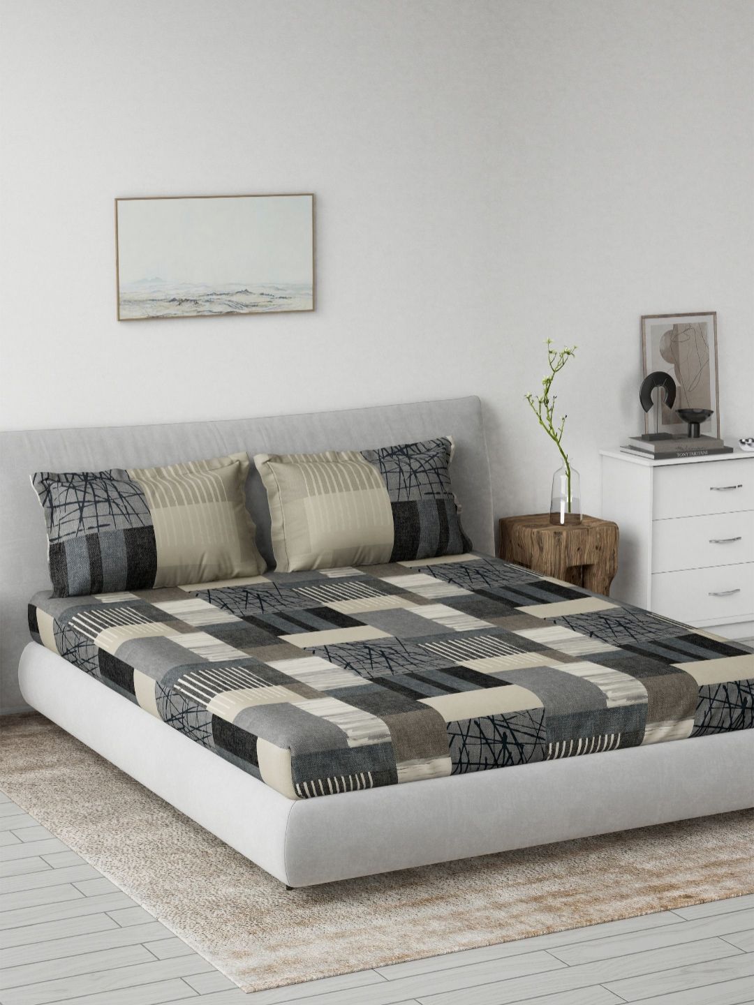 DDecor DDecor Grey & Black Printed 144 TC King Bedsheet Set-2.29m x 2.74m
