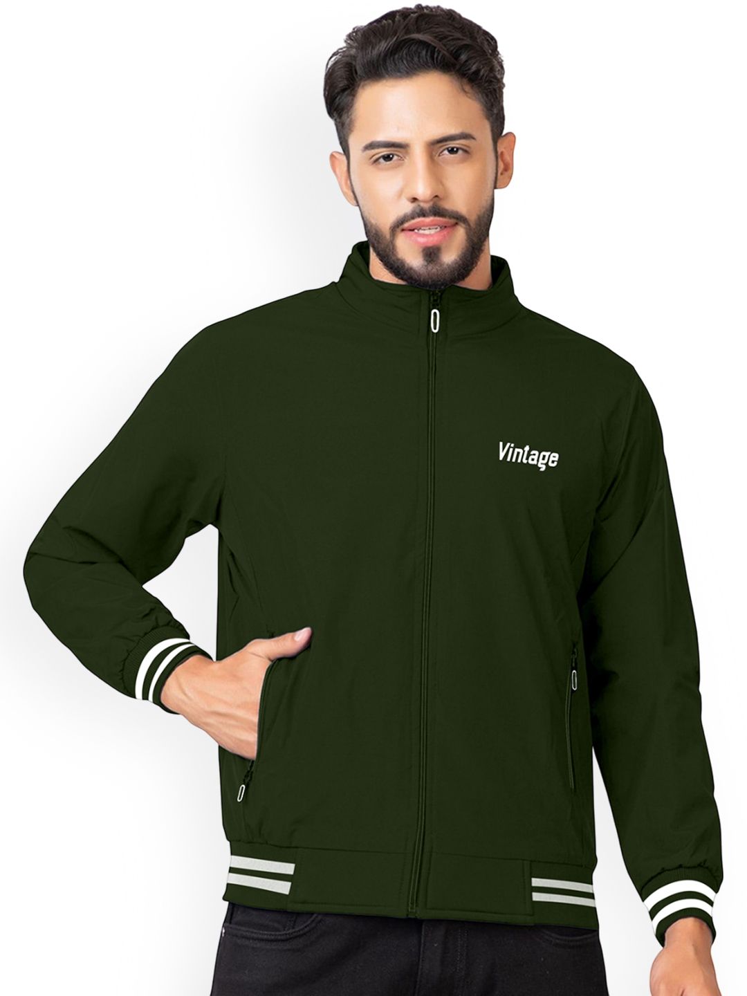 FTX Men Mock Collar Solid Windcheater Bomber Jacket