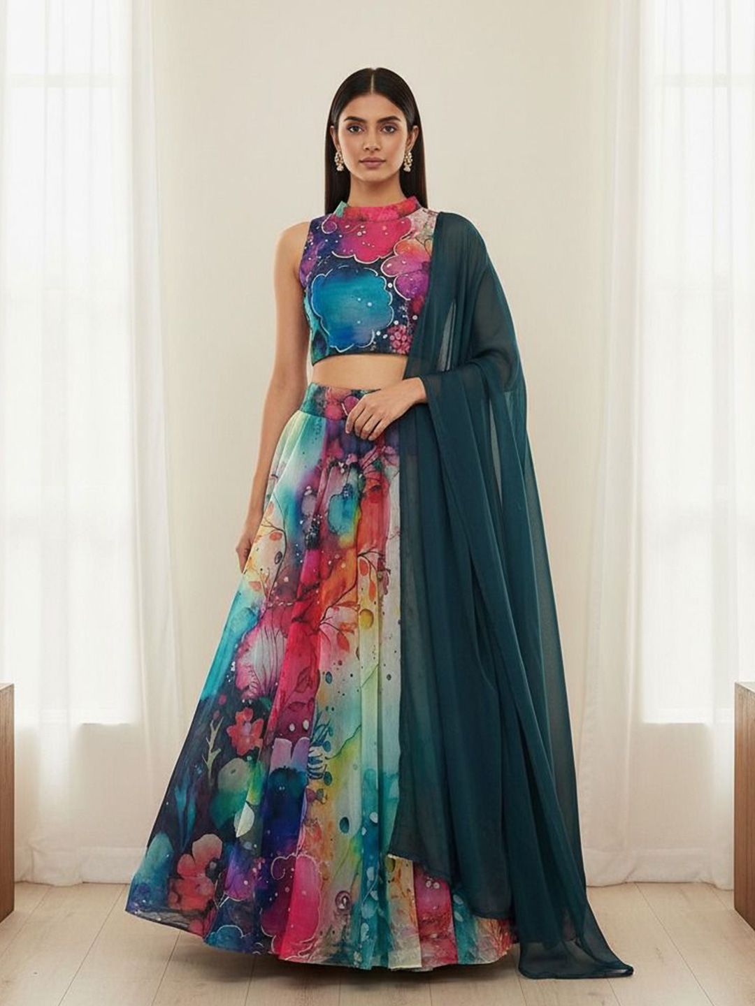 LIPS CROWN Printed Semi-Stitched Organza Lehenga & Ready To Wear Blouse With Dupatta