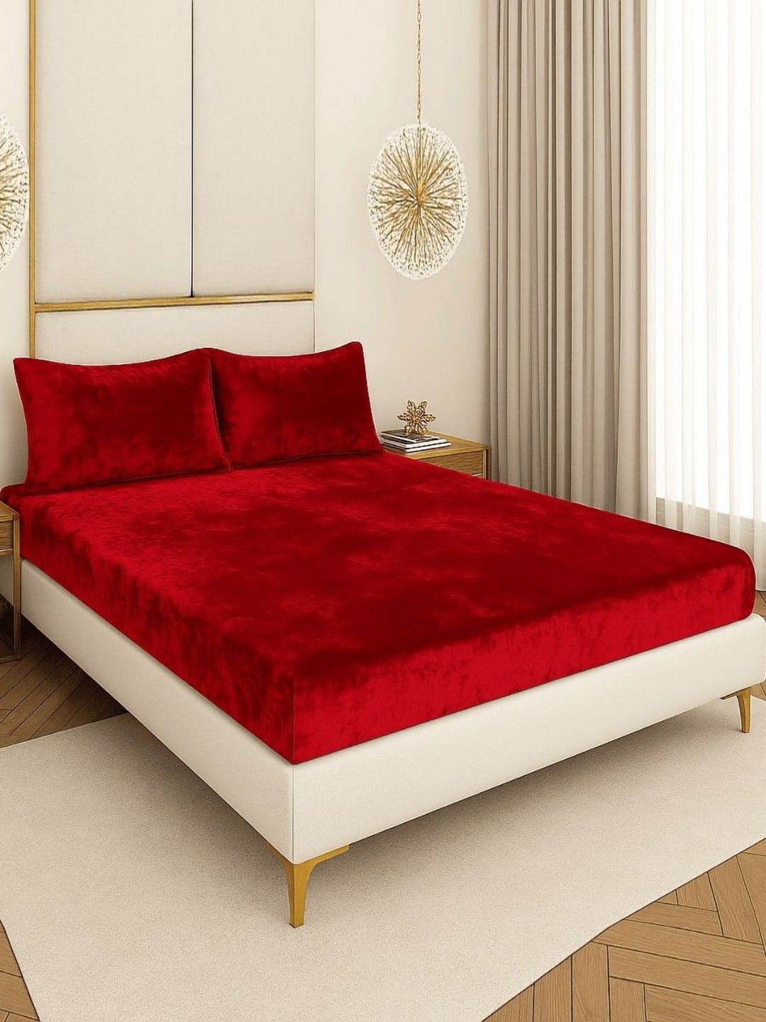 BLUEDOT Maroon Velvet Flannel Warm Fitted King Bedsheet Set
