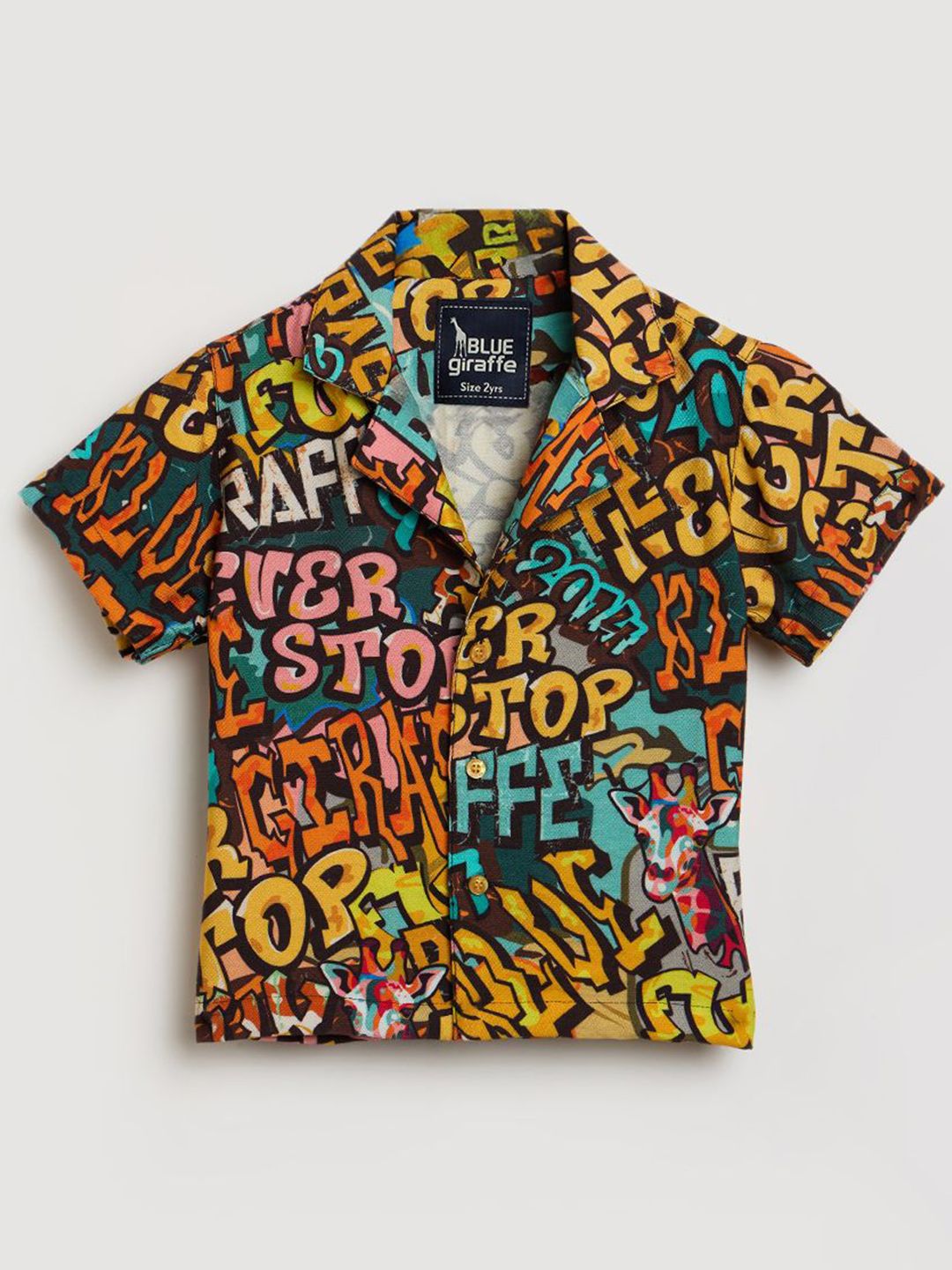 Blue Giraffe Boys Classic Fit Typography Printed Spread Collar Cotton Casual Shirt