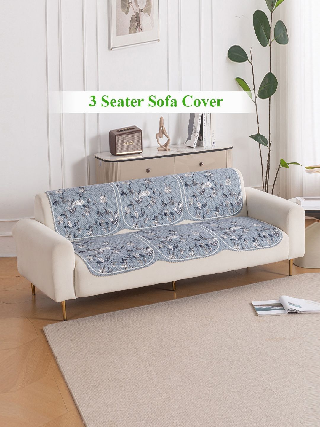 HOKIPO Frosted Petals Printed 3 Seater Sofa Cover Set for Seat and Back