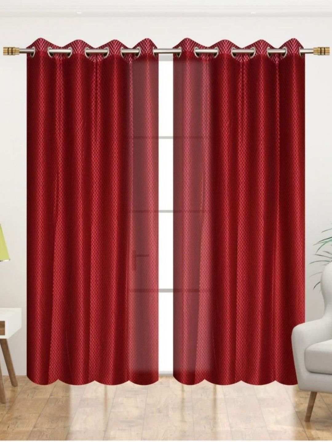 UrbanArts Maroon Set of 2 Embroidered Sheer Window Curtain