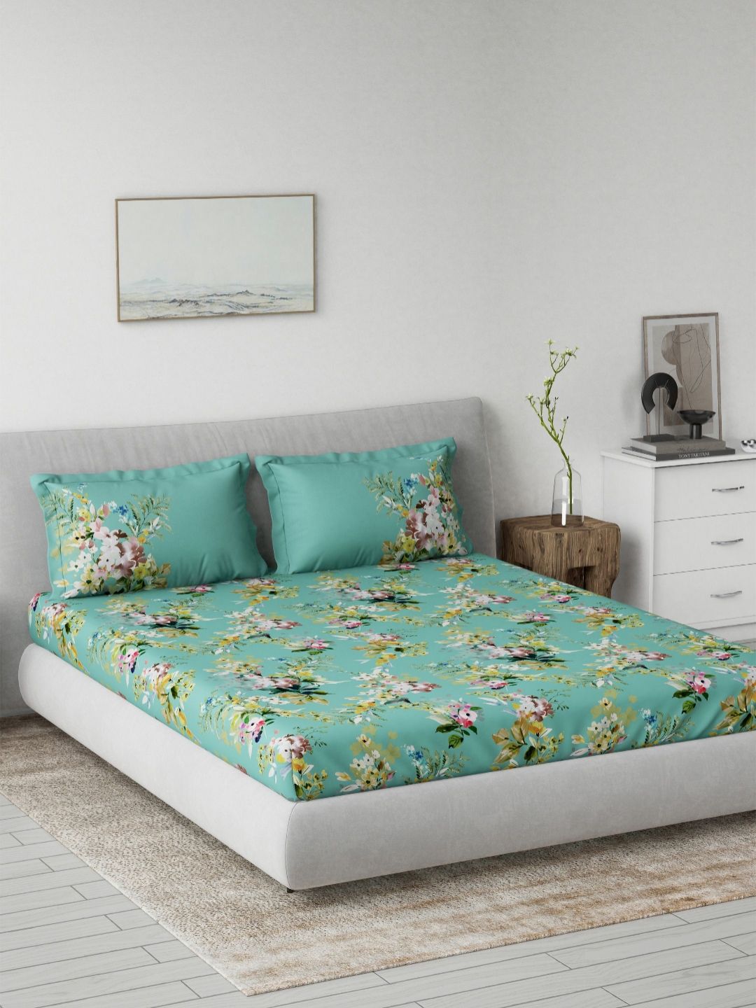 DDecor DDecor Green & Pink Printed Pure Cotton 144 TC King Bedsheet Set 2.29m x 2.74m