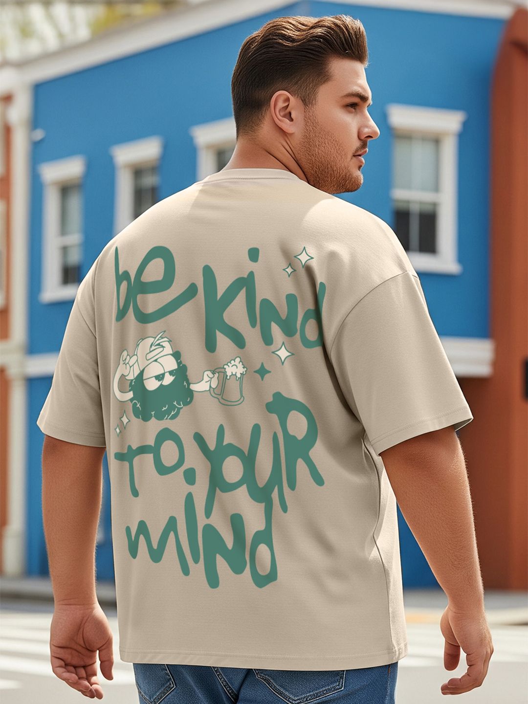 VEIRDO Plus Size Typography Printed Drop-Shoulder Sleeves Pure Cotton T-shirt